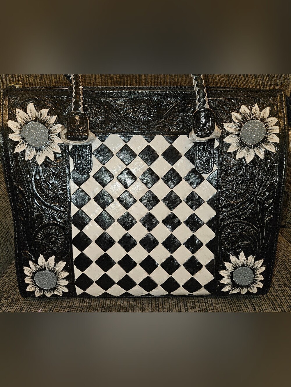 Black & White Checkered And Floral Tooled Leather Tote *Limited Edition*